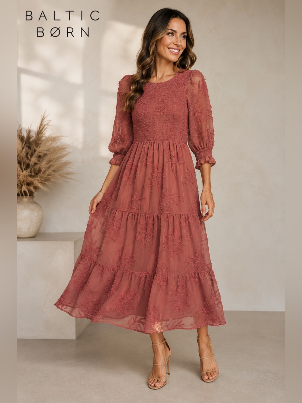 Baltic Born Terracotta Midi Dress with Sheer Tiered Skirt